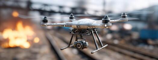 A small drone flying over a train track photo