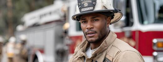 A firefighter is standing in front of a fire truck photo