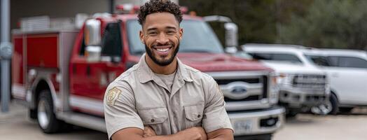 A man in a fireman uniform is smiling photo