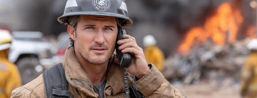 A firefighter talking on a cell phone photo
