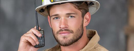 A man in a hard hat talking on a cell phone photo