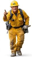 A man in a yellow hard hat and overalls photo