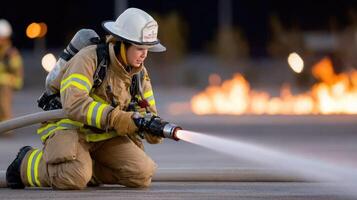 A firefighter is spraying water on a hose photo