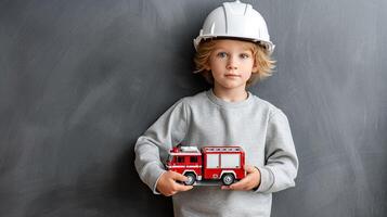 A young boy wearing a hard hat holding a toy fire truck photo