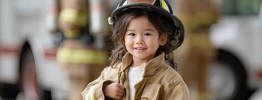 A little girl in a fireman's uniform photo