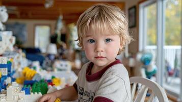 A young boy playing with legos at a table photo