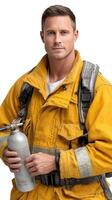 A man in a fireman uniform holding a water bottle photo