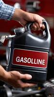 A man holding a gasoline can in front of a red car photo