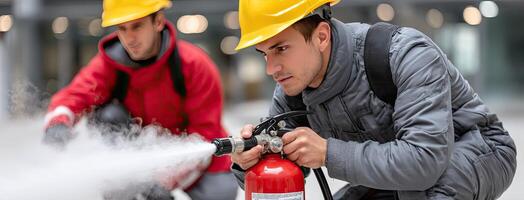 Two men in hard hats spraying water on a fire extinguisher photo