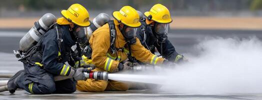Firefighters in protective gear spraying water on a runway photo