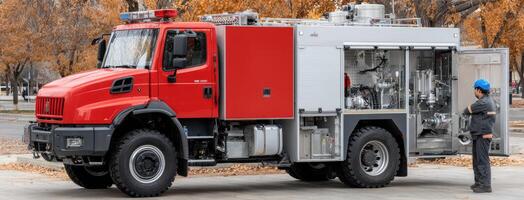 A man standing next to a fire truck photo