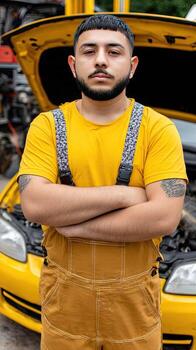 A man standing in front of a yellow car photo