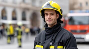 A man in a fireman uniform is standing in front of a fire truck photo
