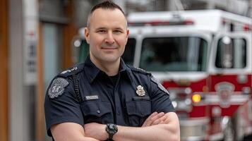 A man in uniform standing in front of a fire truck photo