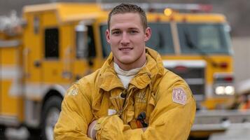 A young man in a fireman's uniform standing in front of a fire truck photo