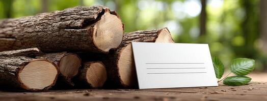 A stack of logs with a blank card on top photo