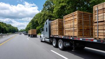 A semi truck with wooden crates on the back photo