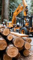 A large pile of logs with a construction vehicle in the background photo
