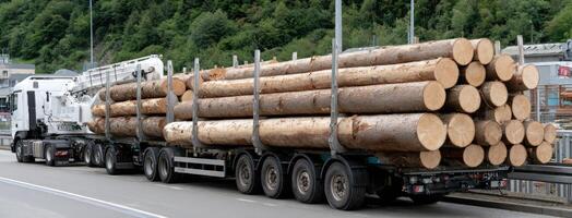 A truck carrying logs down a road photo