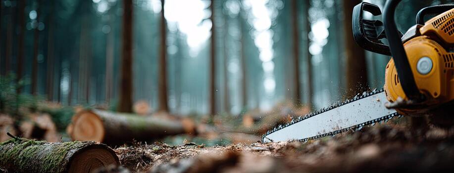 A chainsaw is cutting through the forest photo
