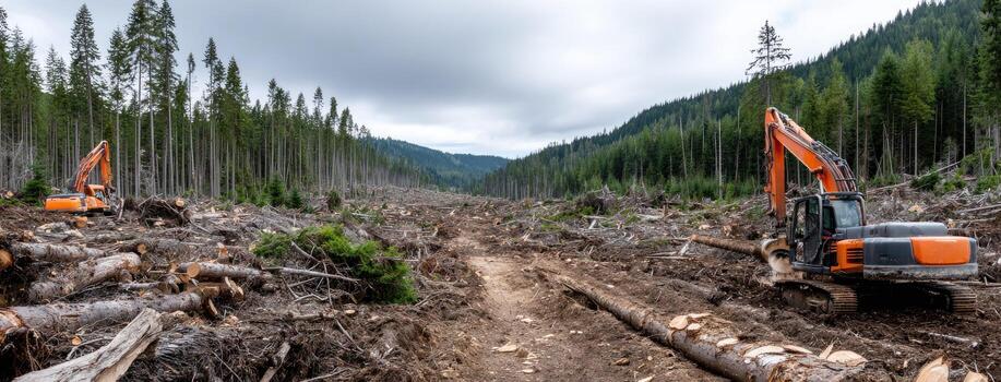 Two orange construction vehicles are working in a forest photo