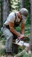 A man in overalls cutting down a tree with a chainsaw photo