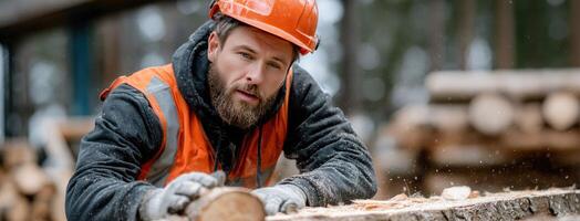 A man in an orange vest and hard hat is cutting wood photo