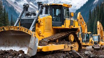 A group of yellow bulldozers on a dirt road photo
