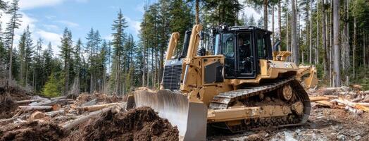 A bulldozer is driving through the woods photo