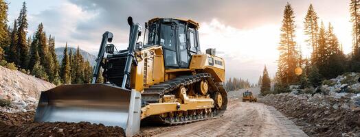 A bulldozer is driving down a dirt road photo