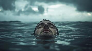 Man floating in the ocean under dark clouds. concept of fear and danger photo
