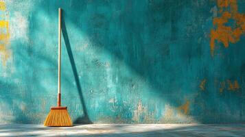 Broom leaning against grunge wall casting a shadow in sunlight photo