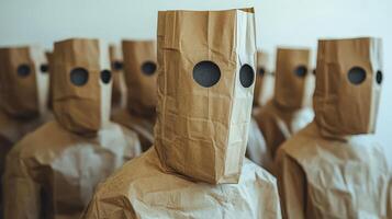 People wearing paper bags on head standing in a crowd photo