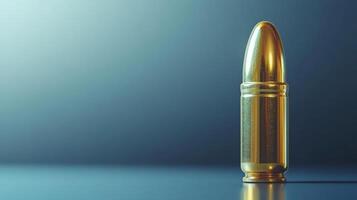 Golden bullet standing on dark blue background representing danger and violence photo