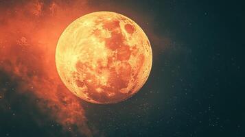 Super blood moon glowing over dark starry sky with orange nebula clouds photo