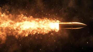 Burning bullet flying with fiery trail on dark background photo