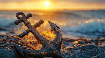 Rusty anchor resting on rocks at sunrise on the beach photo