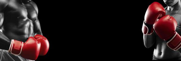 Monochrome photo of sporty afro man and woman in red boxing gloves over black background, free space for text between them, cropped, panorama, advertising for boxing studio