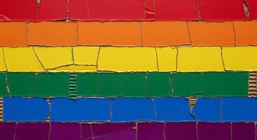 A rainbow flag is made out of torn paper photo