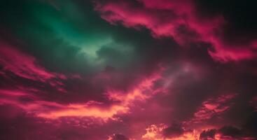 A colorful sky with clouds and red and green photo