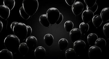 Black balloons floating in the air on a black background photo