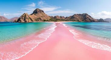 A pink beach with waves and mountains in the background photo