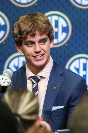 Texas Longhorns quarterback Arch Manning answers questions from the media during SEC Media Days at Omni Atlanta Hotel. editorial_image
