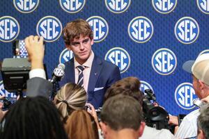 Texas Longhorns quarterback Arch Manning answers questions from the media during SEC Media Days at Omni Atlanta Hotel. editorial_image