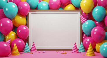 A blank frame surrounded by colorful balloons and party hats photo