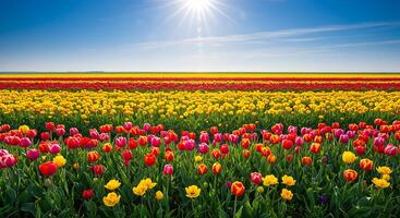 A field of colorful tulips with the sun shining photo