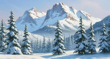 A painting of a snowy mountain range with trees photo