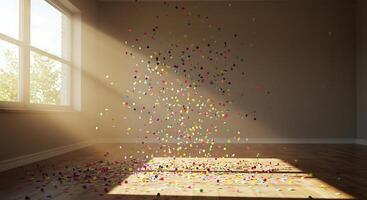 A room with confetti falling from the ceiling photo
