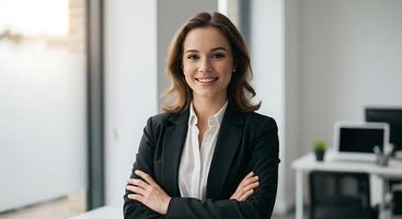 A woman in a business suit standing in front of a window photo
