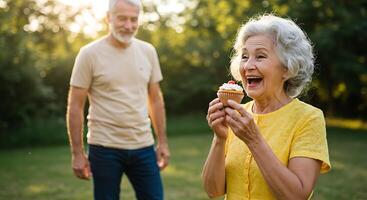 An older woman holding a cupcake and smiling while standing next to an older man photo
